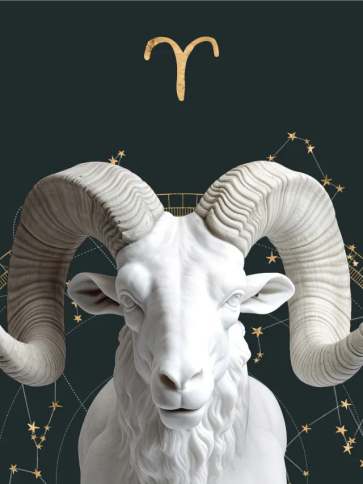 A detailed image of a ram with large, curved horns, representing the Aries zodiac sign.